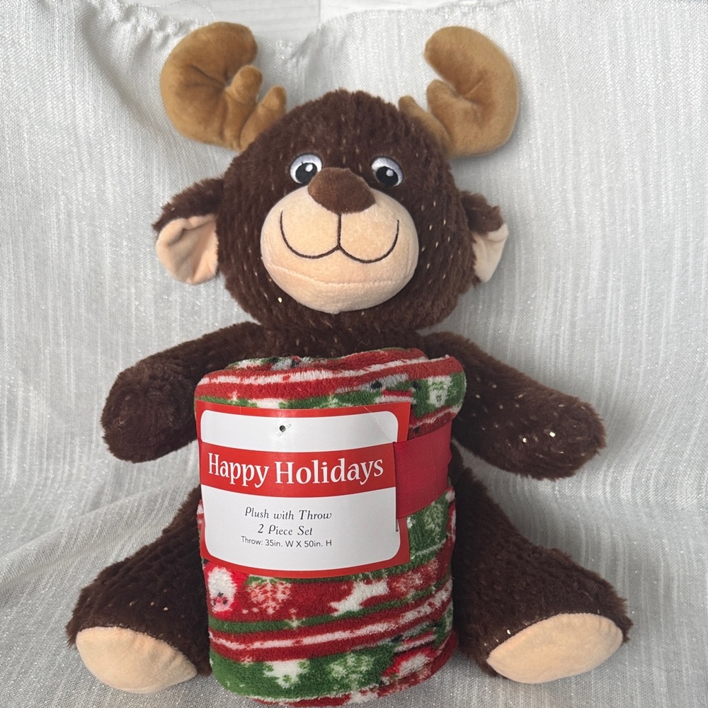 Christmas reindeer plush toy 15” with throw blanket, 35”c50” NWT 2pcs set